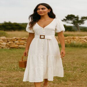 Chicways White Button Front Belted Tiered Maxi Dress Puff Sleeves Size M